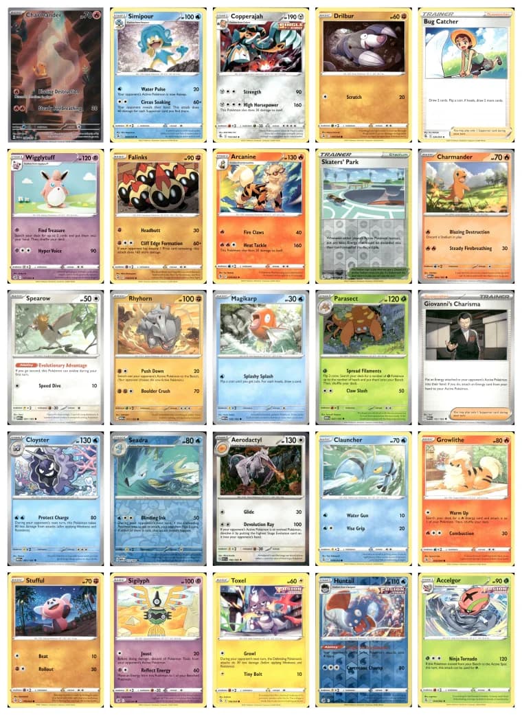Pokemon TCG card lot scanned for eBay listing software, including Charmander and other collectible card game singles.