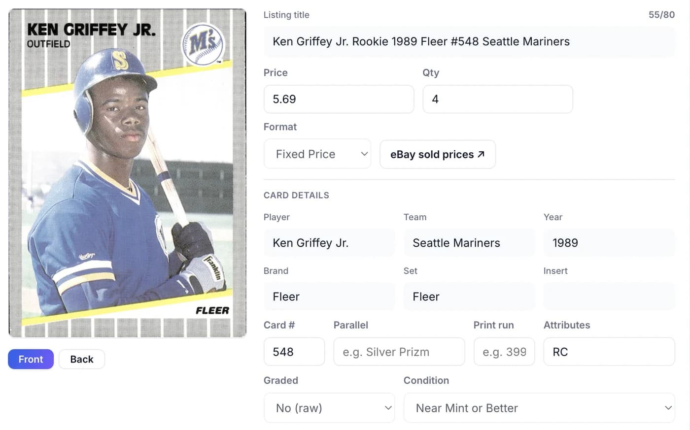 A 1989 Fleer Ken Griffey Jr. rookie card with every listing field filled in automatically and an eBay title generated from it.