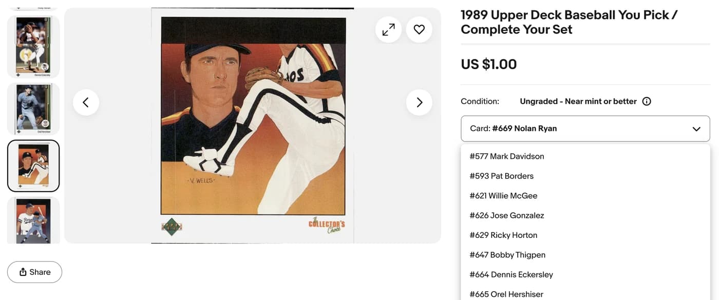 A live eBay You-Pick listing with a dropdown of individual cards, each labelled by card number and player.