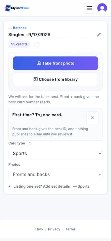 MyCardFlow mobile sports-card capture screen with Take front photo and Choose from library buttons