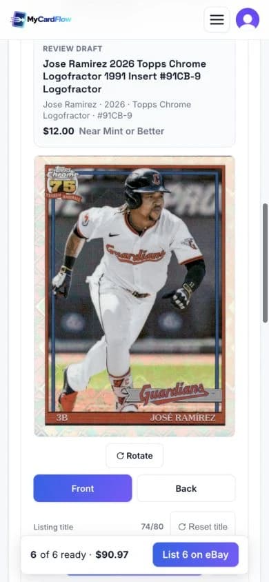 José Ramírez baseball card in MyCardFlow’s mobile review screen with its generated title and price