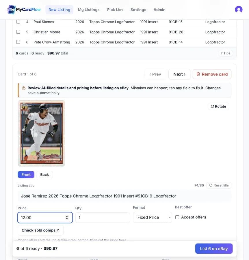 Review the card photo, listing title, price, format, and offers before publishing.