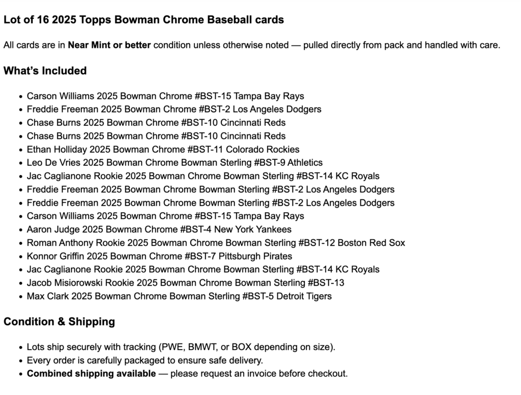 bulk card lot description