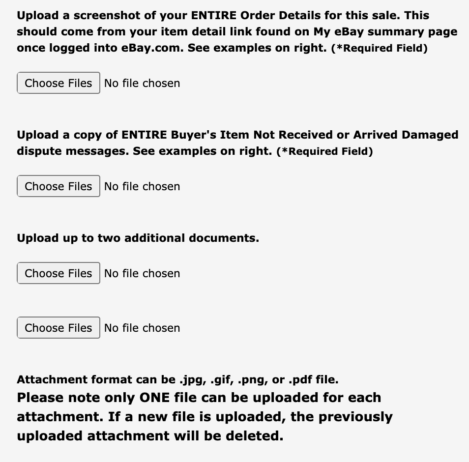 eBay Standard Envelope claim uploads: order details screenshot, buyer dispute messages, and two optional documents in jpg, gif, png, or pdf