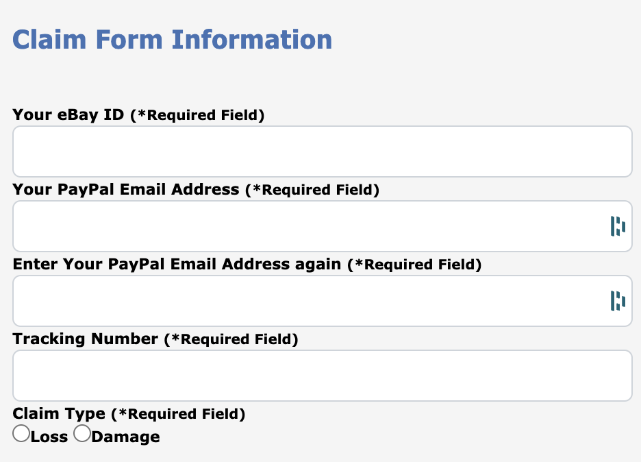 eBay Standard Envelope claim form fields for eBay ID, PayPal email, tracking number, and a Loss or Damage claim type