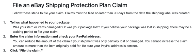 eBay Shipping Protection Plan claim instructions: tell PIP what happened, enter the claim details and your PayPal address, and file within 90 days of creating the label