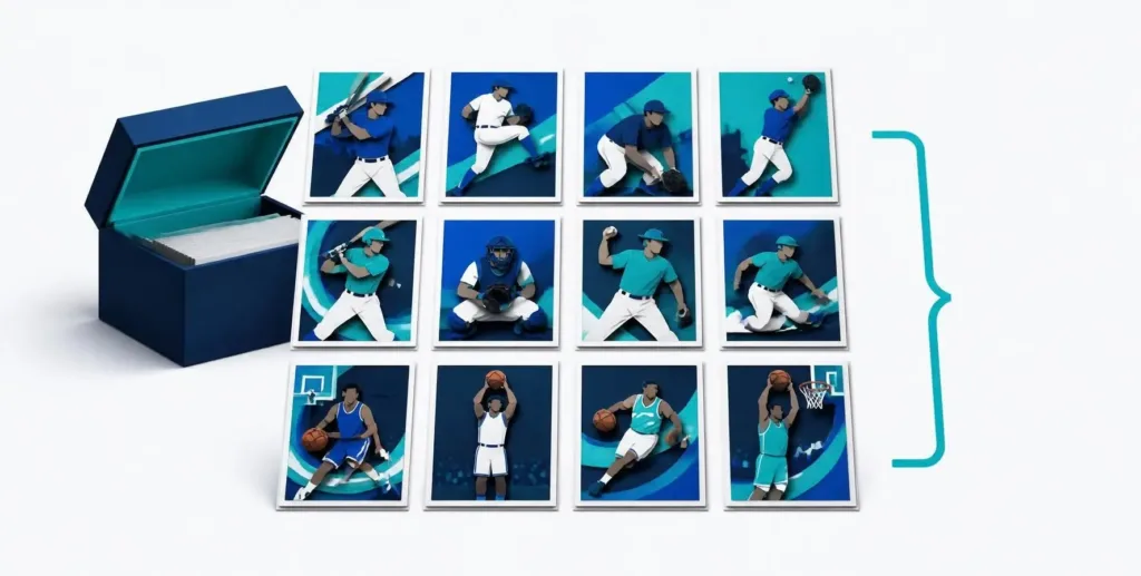 Sports cards arranged in a grid beside a storage box and grouped as one bulk lot.