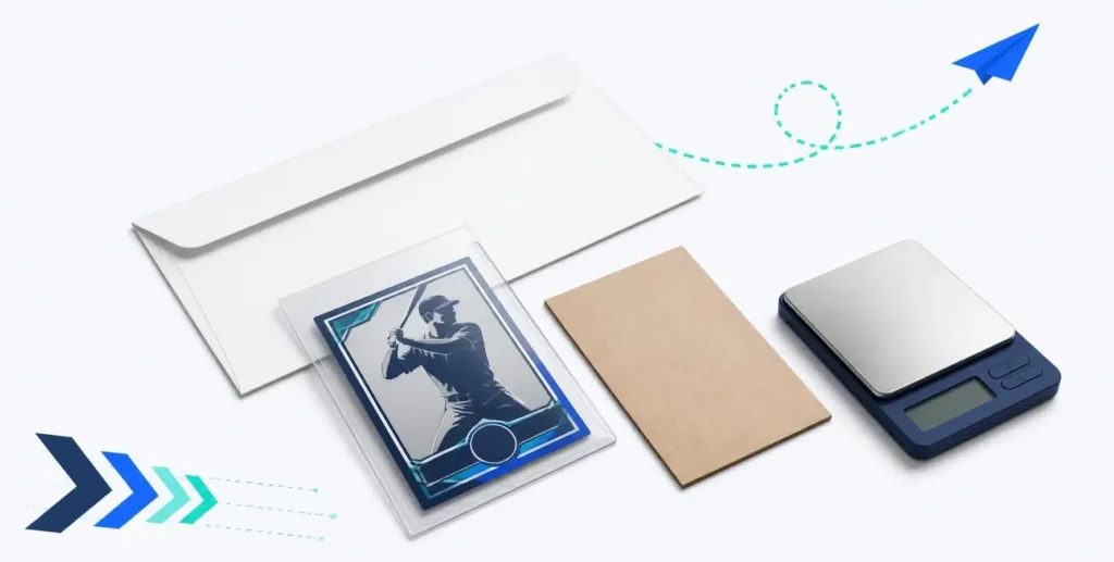 Sports card in a protective holder beside an envelope, cardboard support and postal scale.