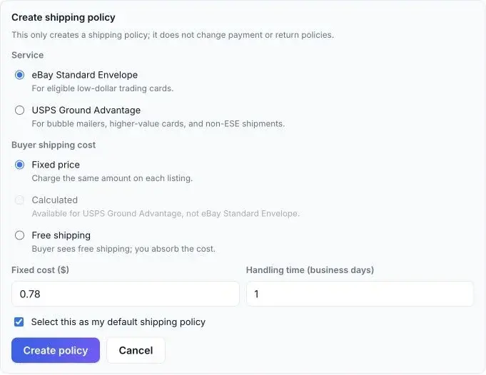 MyCardFlow form for choosing an eBay shipping service, buyer cost, handling time, and default policy
