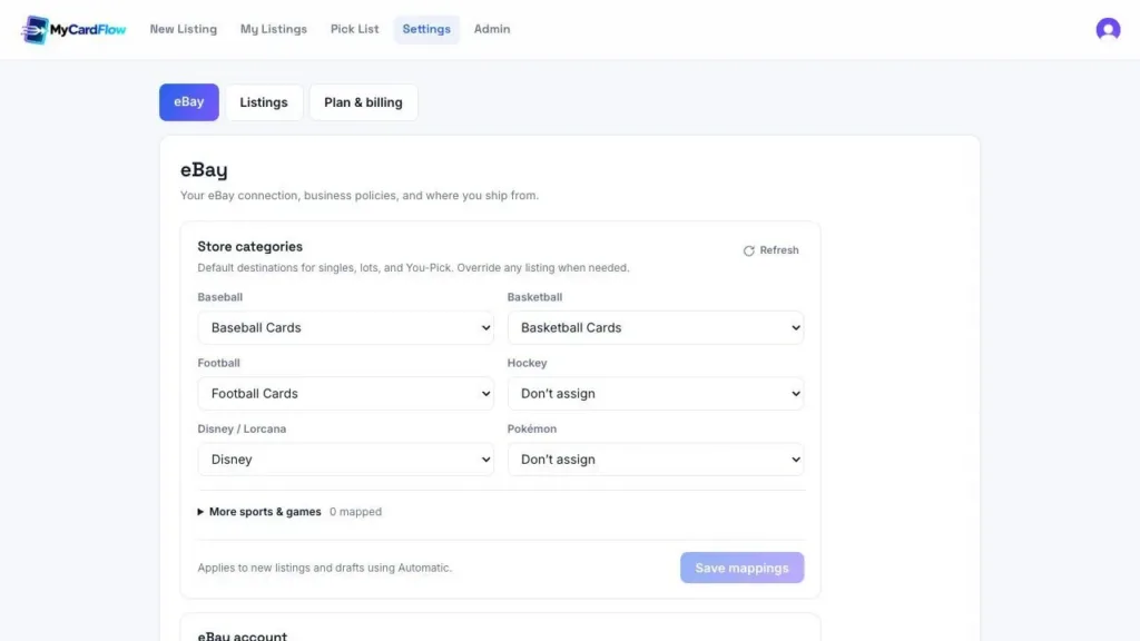 MyCardFlow eBay Store category mappings