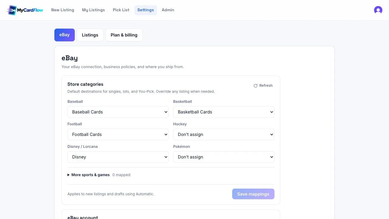 MyCardFlow eBay Store category mappings