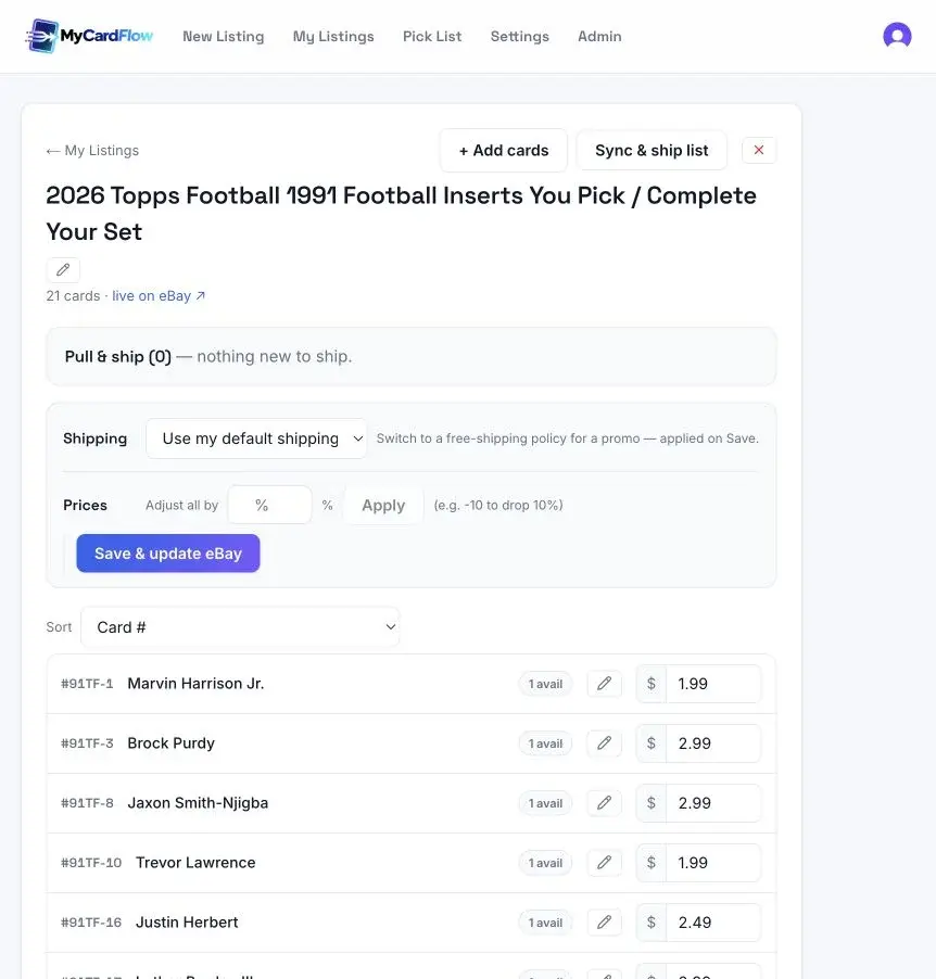 MyCardFlow You-Pick management page with Add cards, Sync and ship list, prices, and Save and update eBay