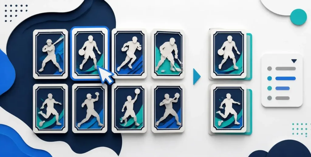 Illustration of a buyer selecting individual trading cards from a You-Pick listing.